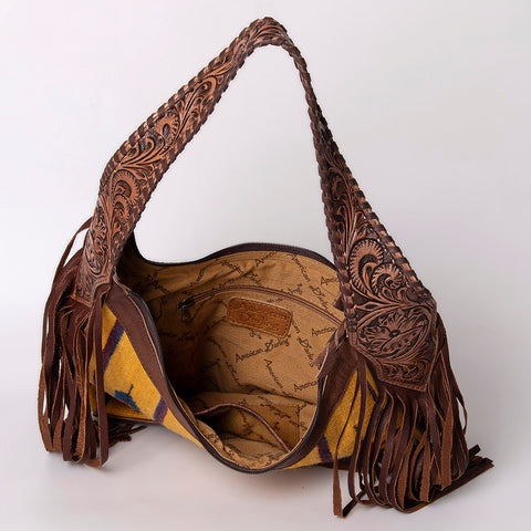 American Darling Hand Tooled Leather Hobo Bag with Hand Woven Saddle Blanket and Fringes