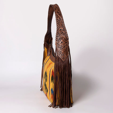 American Darling Hand Tooled Leather Hobo Bag with Hand Woven Saddle Blanket and Fringes