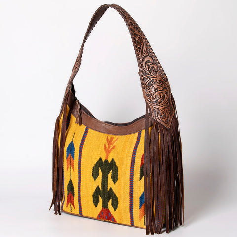 American Darling Hand Tooled Leather Hobo Bag with Hand Woven Saddle Blanket and Fringes