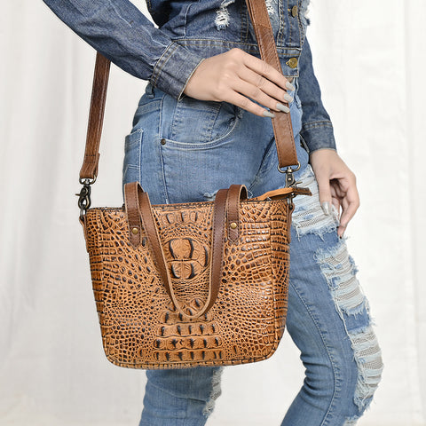 Crocodile Embossed Genuine Leather Western Tote Compact Handbag by American Darling