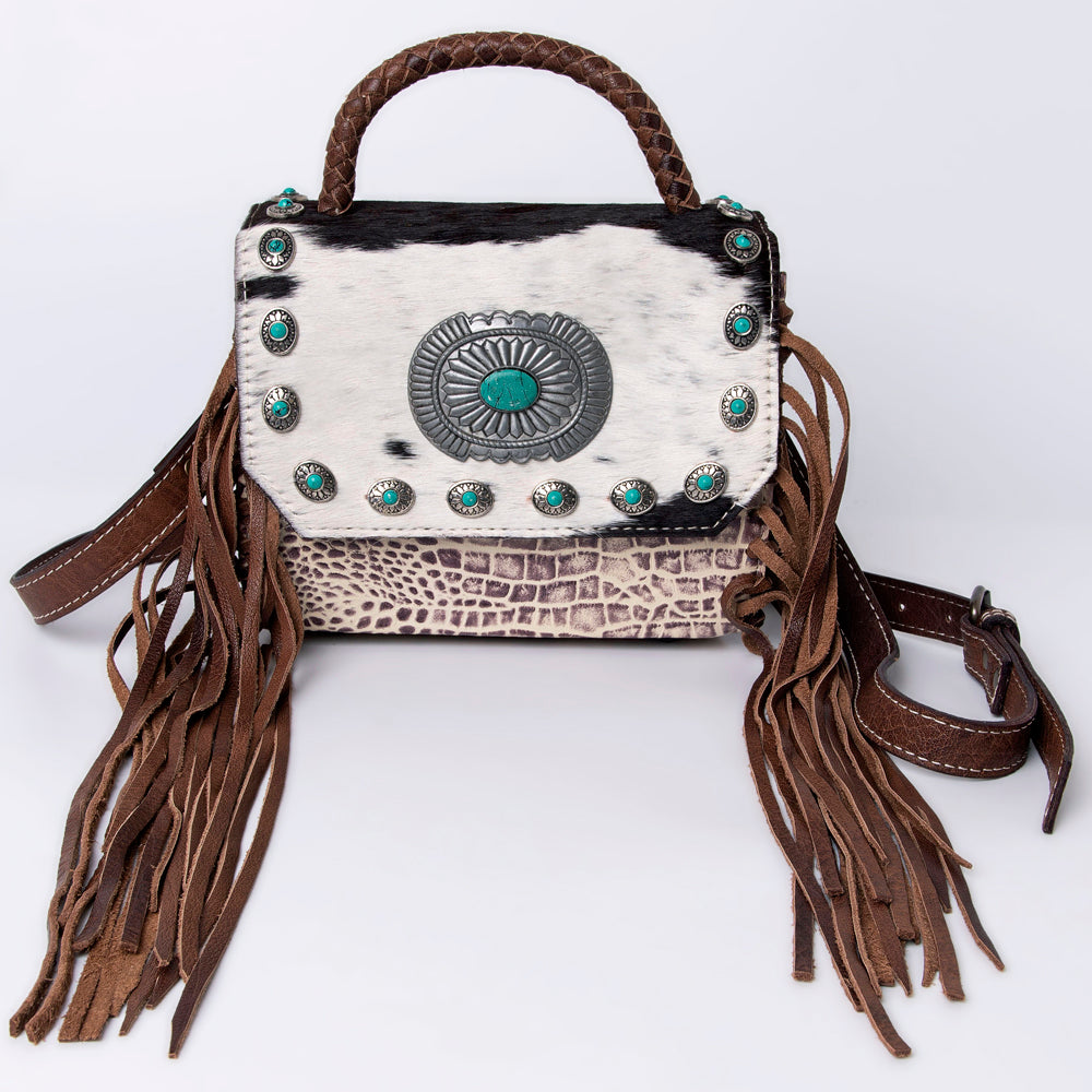 ADBG983 Hair-On Cowhide & Croc Embossed Leather Messenger Purse with Turquoise Conchos Western Fringe Bag