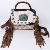 ADBG983 Hair-On Cowhide & Croc Embossed Leather Crossbody Purse with Turquoise Conchos Western Fringe Bag