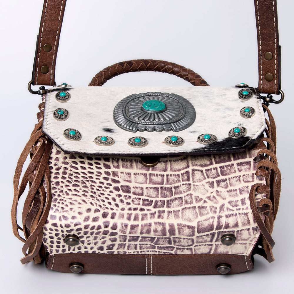 ADBG983 Hair-On Cowhide & Croc Embossed Leather Messenger Purse with Turquoise Conchos Western Fringe Bag