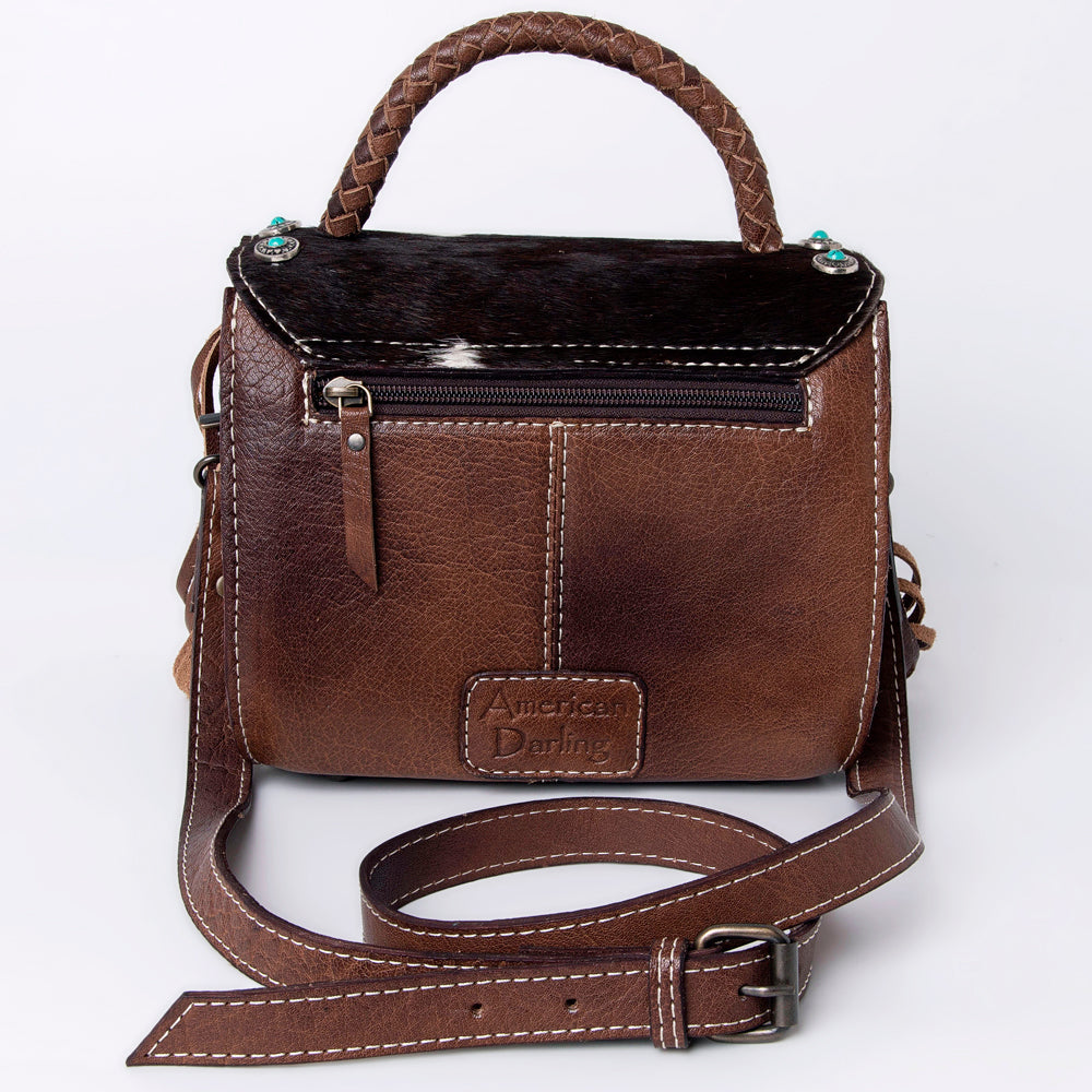 ADBG983 Hair-On Cowhide & Croc Embossed Leather Messenger Purse with Turquoise Conchos Western Fringe Bag