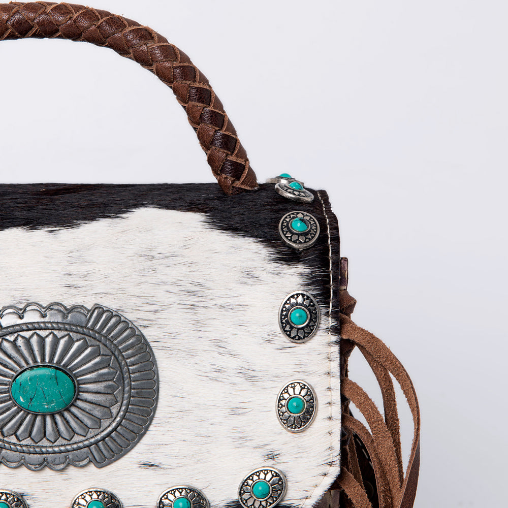 ADBG983 Hair-On Cowhide & Croc Embossed Leather Messenger Purse with Turquoise Conchos Western Fringe Bag
