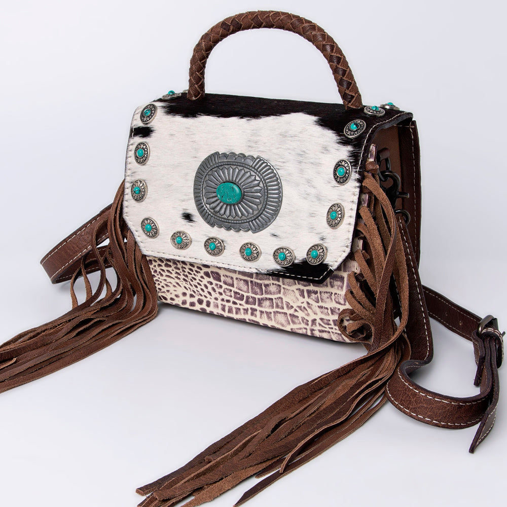 ADBG983 Hair-On Cowhide & Croc Embossed Leather Messenger Purse with Turquoise Conchos Western Fringe Bag