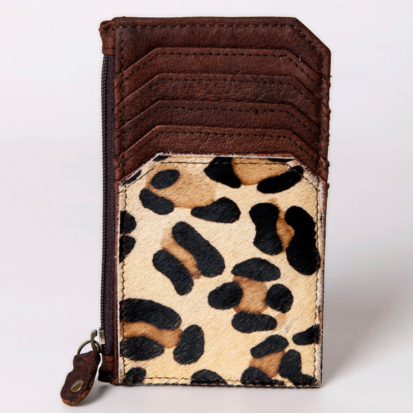 ADCCM101 Leopard Print Cowhide & Brown Leather Zipper Card Holder - Western Slim Wallet