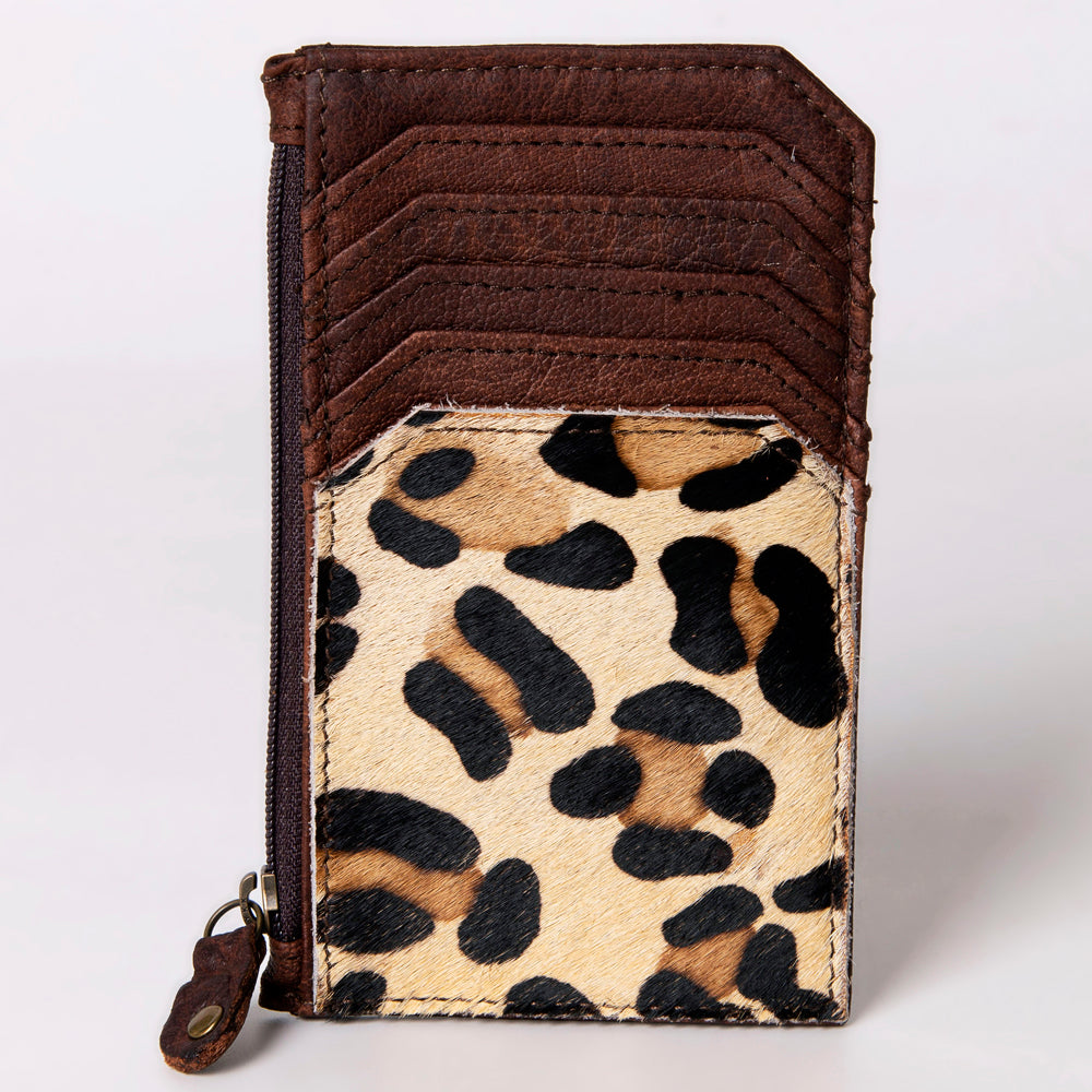 ADCCM101 Leopard Print Cowhide & Brown Leather Zipper Card Holder - Western Slim Wallet