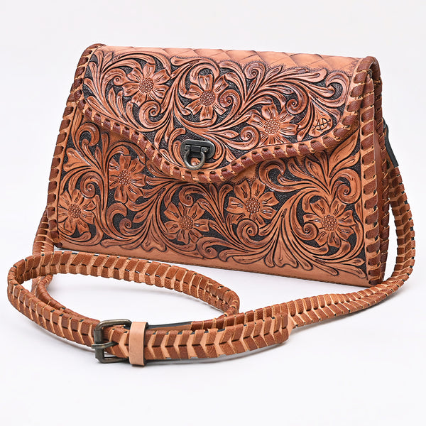 ADBG1057 Tooled Leather Western Wallet Crossbody Bag-Floral Braided Strap by American Darling