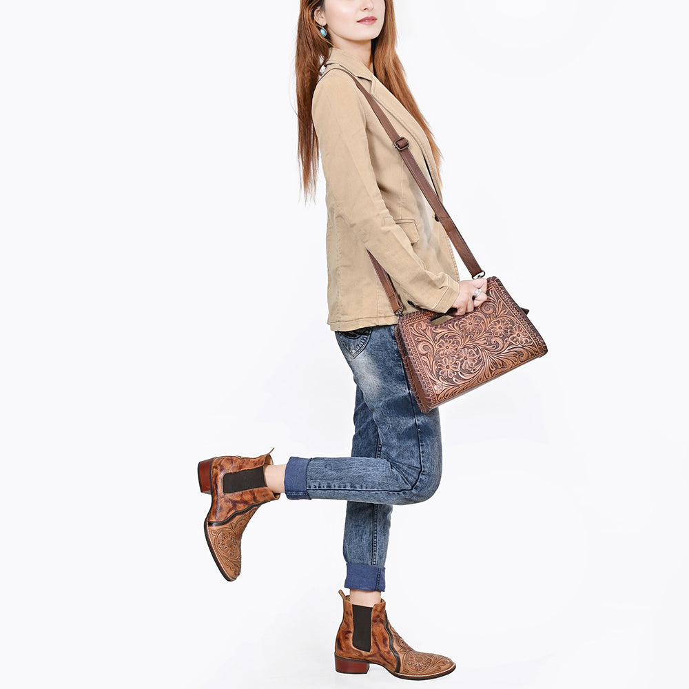 American Darling Hand-Tooled Floral Leather Clutch Bag - Western Style Genuine Leather Crossbody