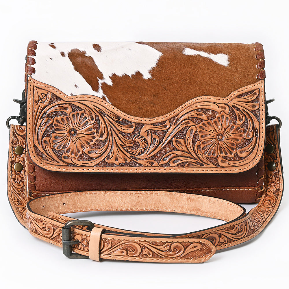 American Darling Hand-Tooled Hair-On Leather Crossbody Bag - Genuine Western Cowhide Purse