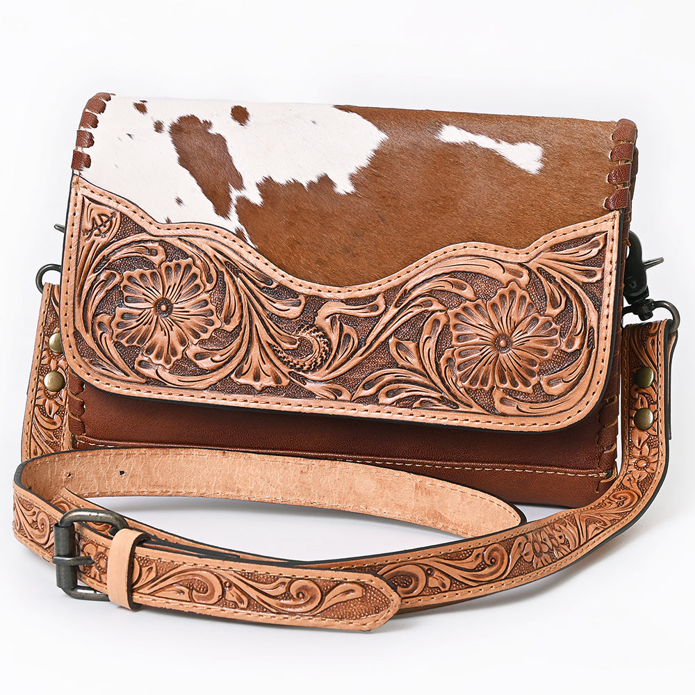 American Darling Hand-Tooled Hair-On Leather Crossbody Bag - Genuine Western Cowhide Purse