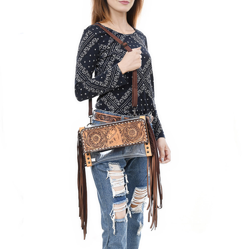 ADBGZ717 Clear Bag Fringe Crossbody with Tooled Leather Horse Design - Stadium Approved