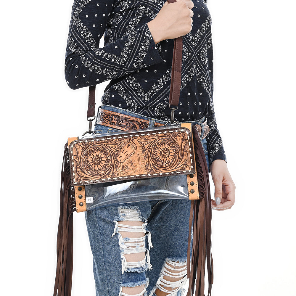 ADBGZ717 Clear Bag Fringe Crossbody with Tooled Leather Horse Design - Stadium Approved