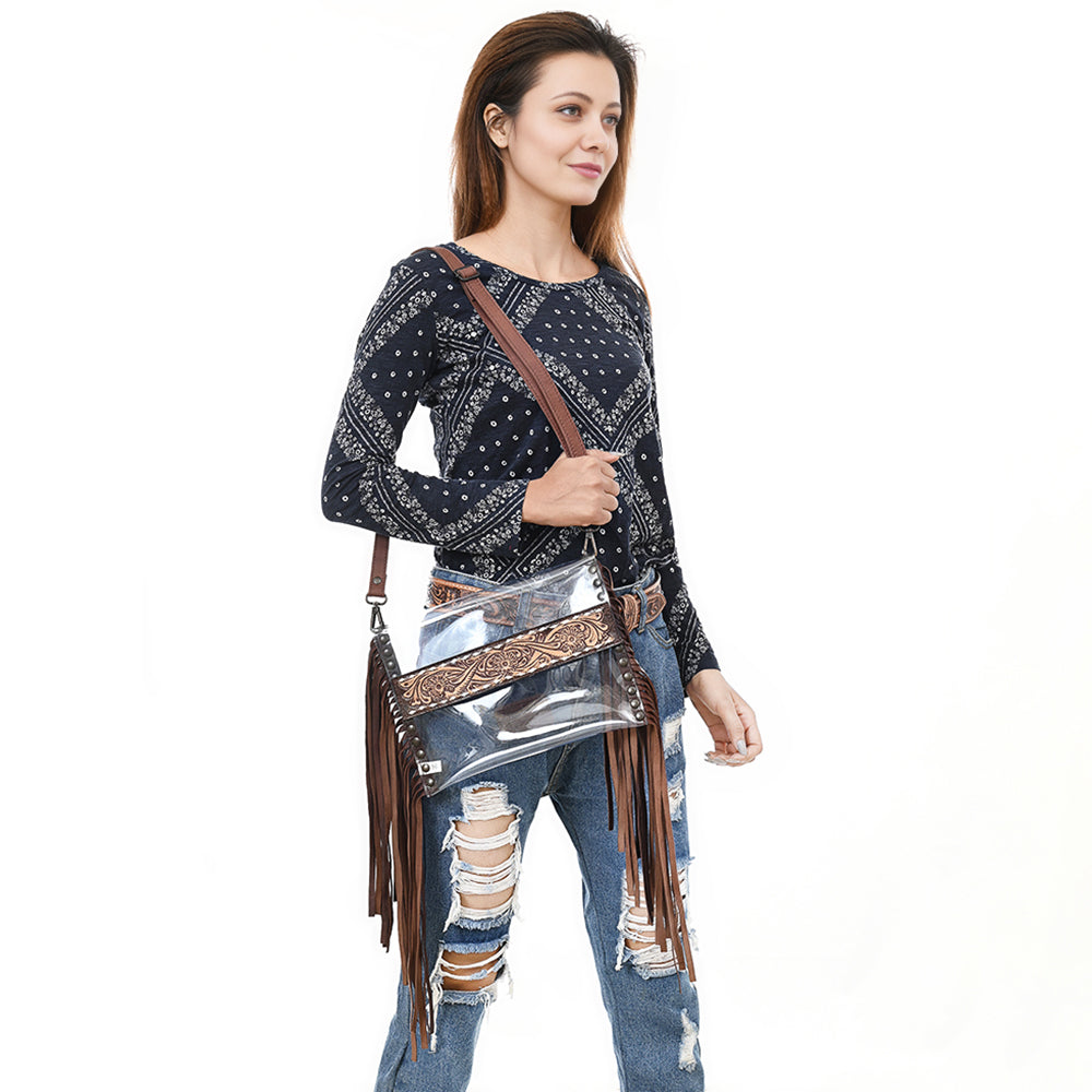 ADBGZ718 Western Clear Fringe Crossbody Bag with Tooled Leather Accent - Stadium Approved