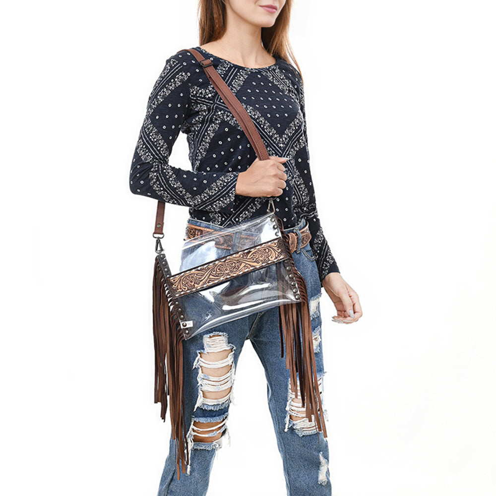 ADBGZ718 Western Clear Fringe Crossbody Bag with Tooled Leather Accent - Stadium Approved