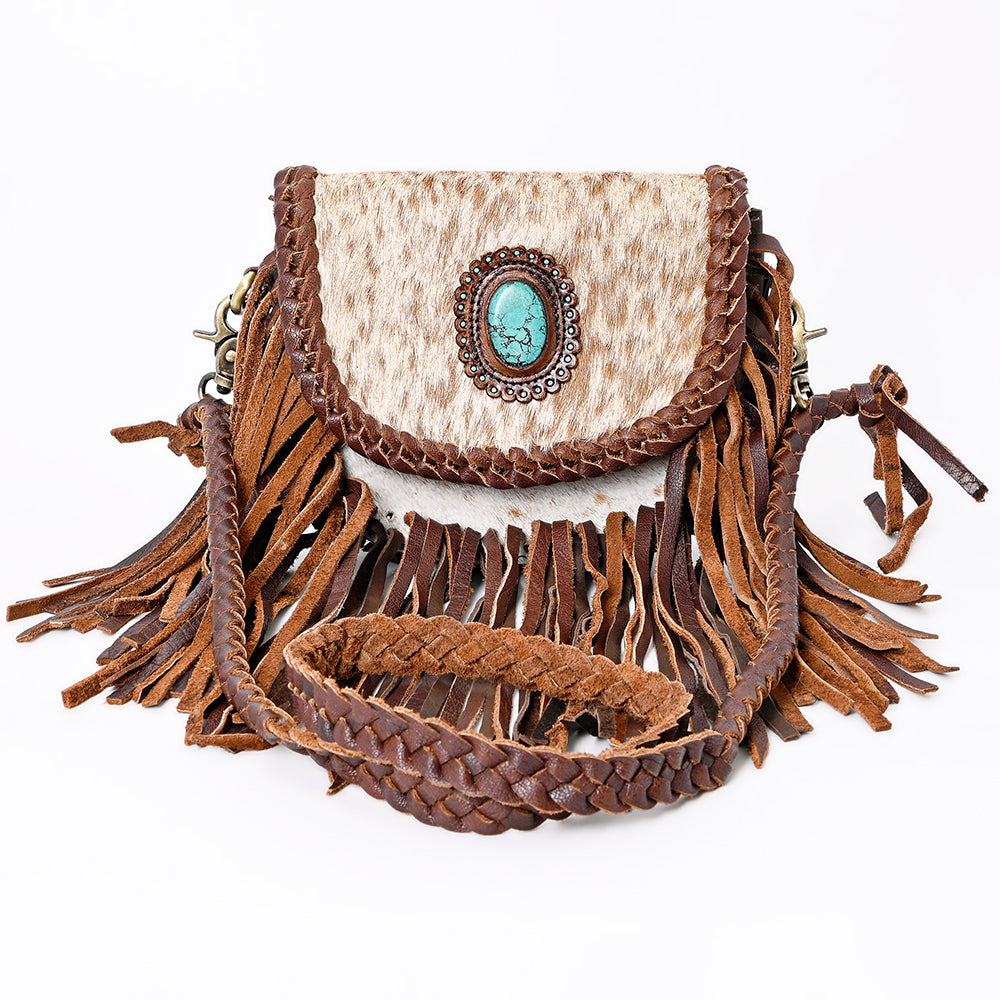 ADBGM338 Spotted Cowhide Fringe Crossbody Bag with Turquoise Concho - Small Western Braided Flap Purse