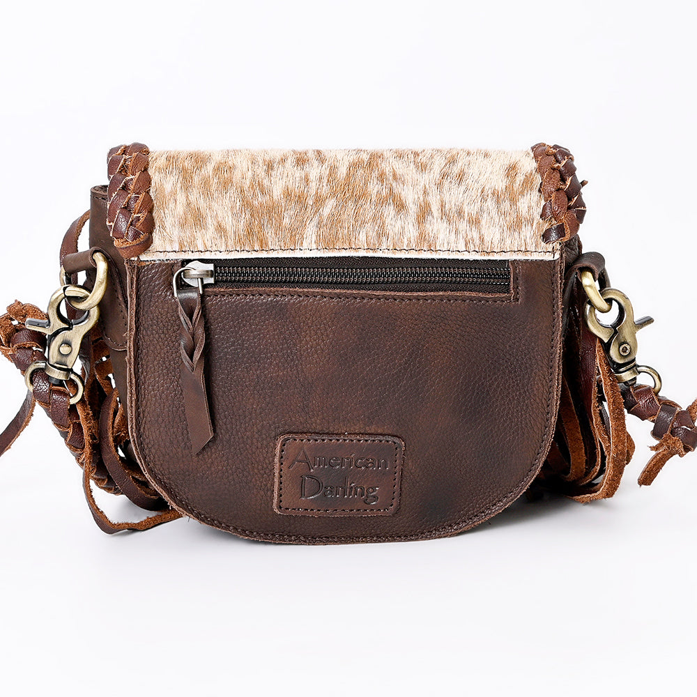 ADBGM338 Spotted Cowhide Fringe Crossbody Bag with Turquoise Concho - Small Western Braided Flap Purse