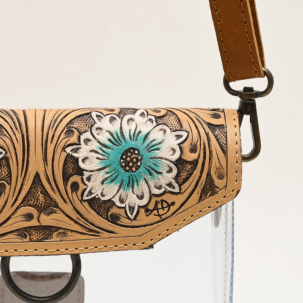 ADBGZ720 Clear Western Crossbody Bag with Turquoise Floral Tooled Leather Flap - Stadium Compliant