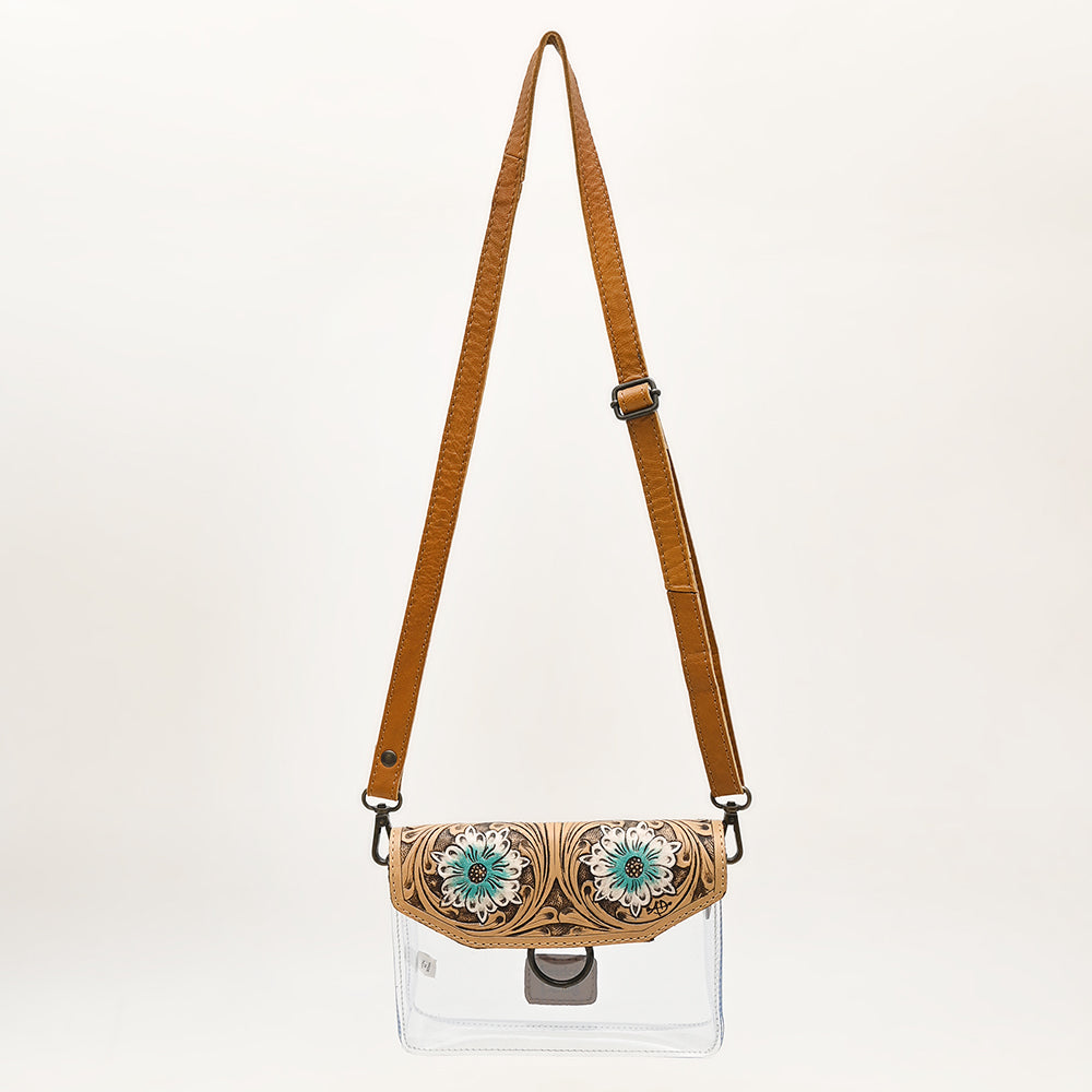ADBGZ720 Clear Western Crossbody Bag with Turquoise Floral Tooled Leather Flap - Stadium Compliant
