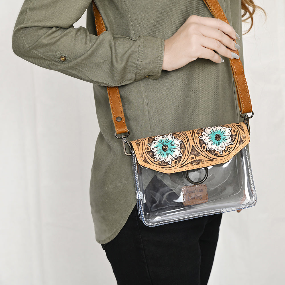 ADBGZ720 Clear Western Crossbody Bag with Turquoise Floral Tooled Leather Flap - Stadium Compliant
