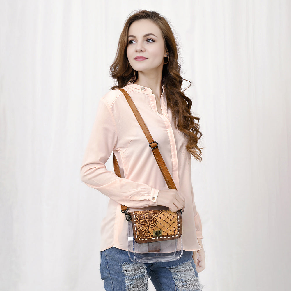 ADBGZ722 Clear Crossbody Bag with Quilted Tooled Leather Flap - Western Stadium-Approved Purse