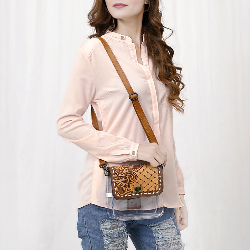 ADBGZ722 Clear Crossbody Bag with Quilted Tooled Leather Flap - Western Stadium-Approved Purse