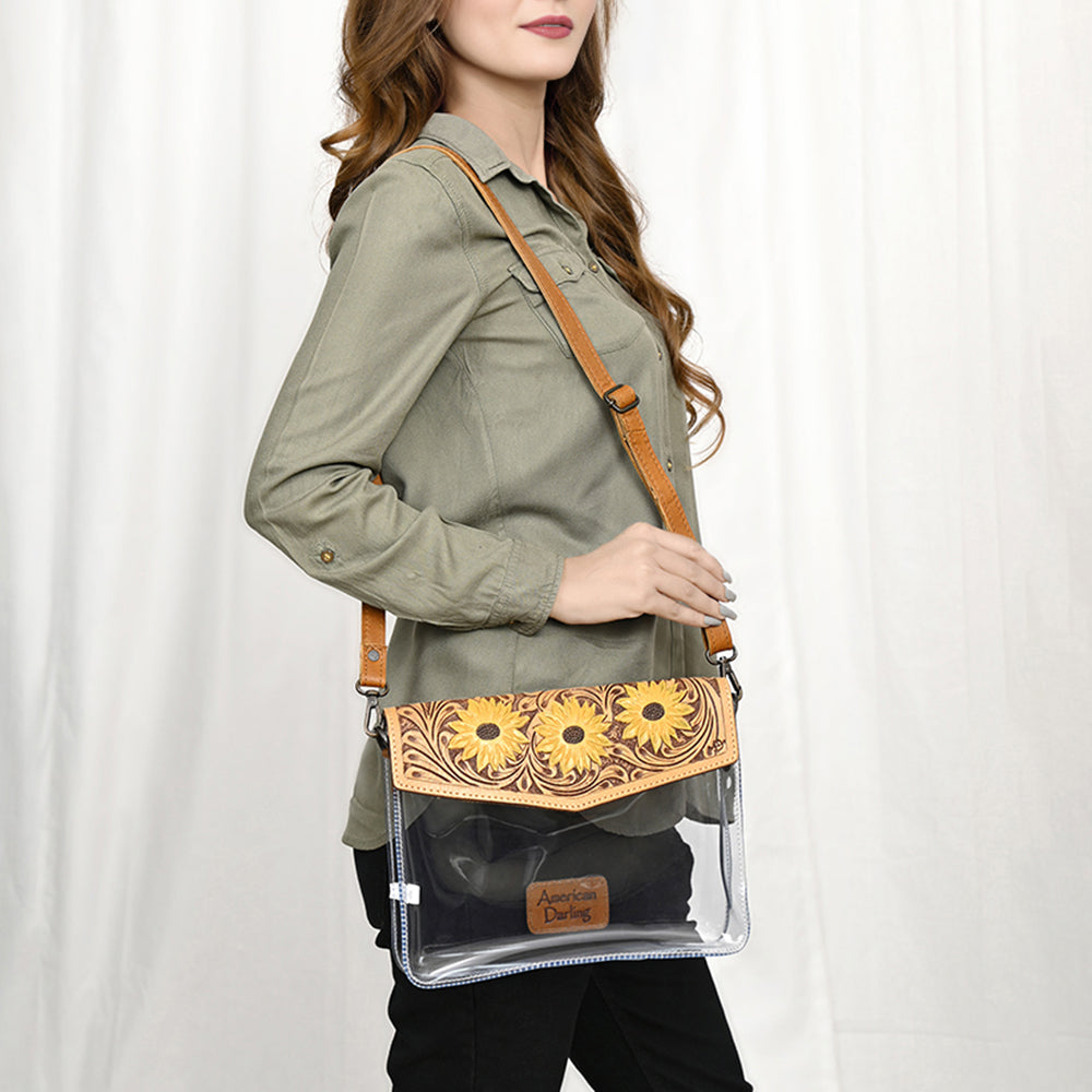 ADBGZ723 Clear Western Crossbody Bag with Turquoise Floral Tooled Leather Flap - Stadium Compliant