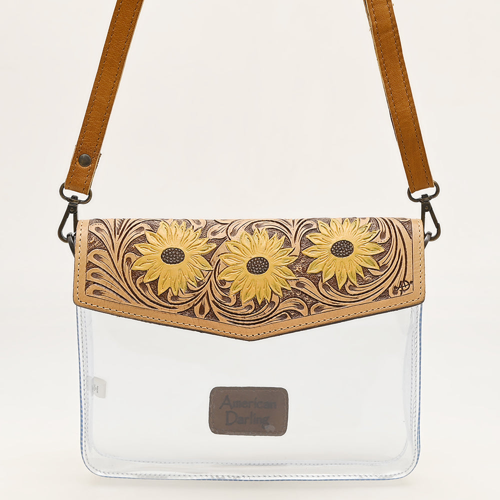 ADBGZ723 Clear Western Crossbody Bag with Turquoise Floral Tooled Leather Flap - Stadium Compliant