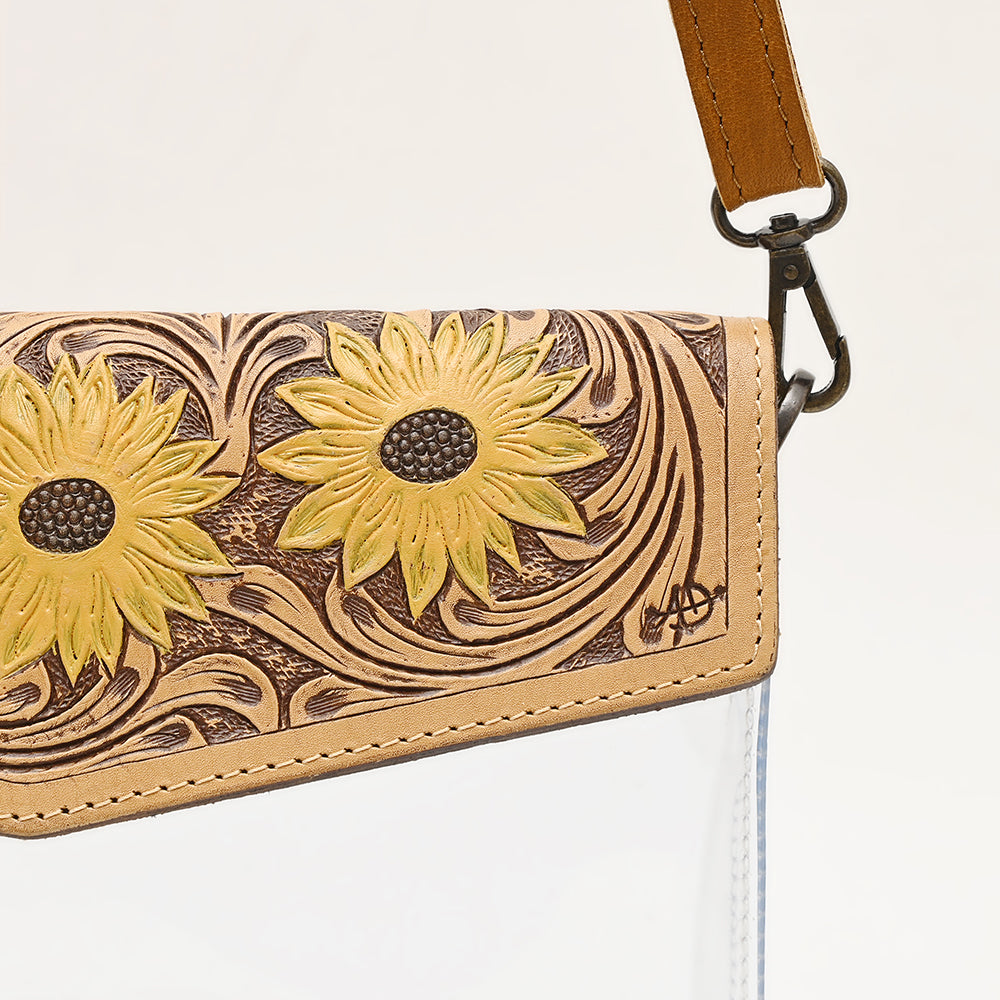 ADBGZ723 Clear Western Crossbody Bag with Turquoise Floral Tooled Leather Flap - Stadium Compliant
