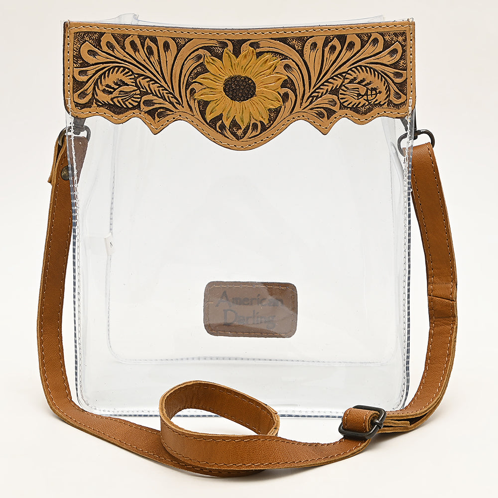 ADBGZ725 Clear Crossbody Bag with Sunflower Tooled Leather Flap - Western Stadium-Approved Purse