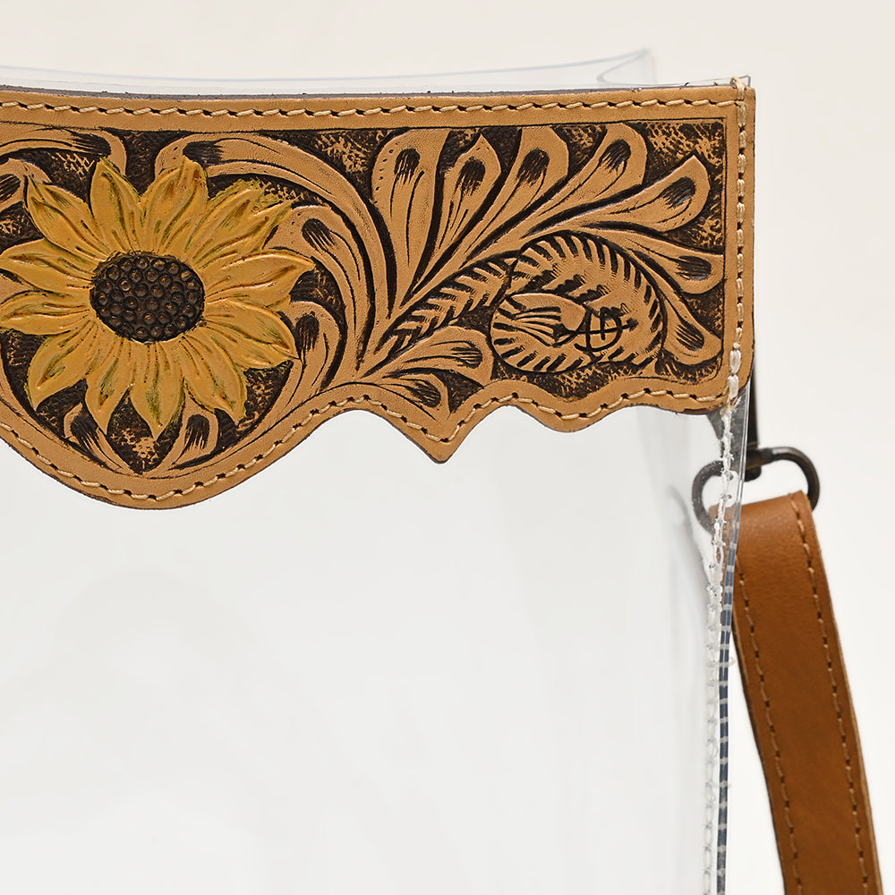ADBGZ725 Clear Crossbody Bag with Sunflower Tooled Leather Flap - Western Stadium-Approved Purse