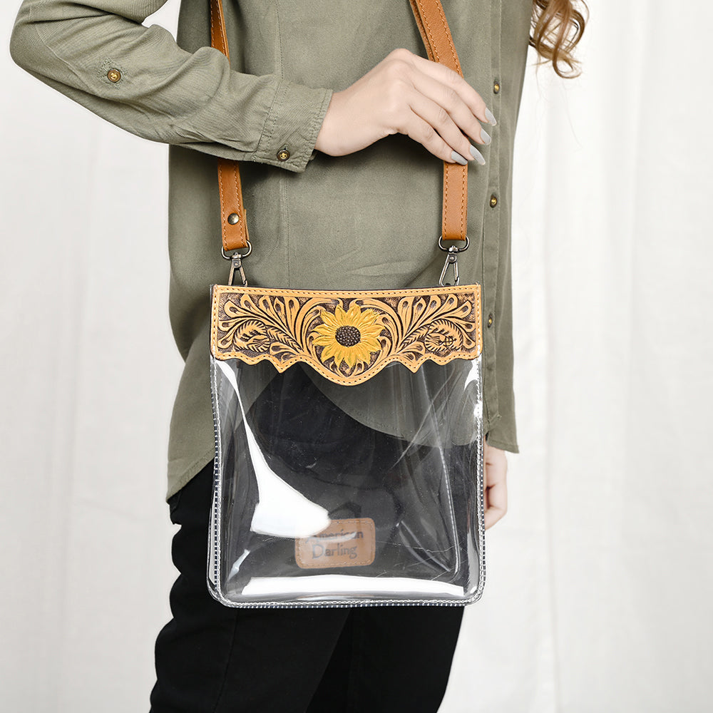 ADBGZ725 Clear Crossbody Bag with Sunflower Tooled Leather Flap - Western Stadium-Approved Purse