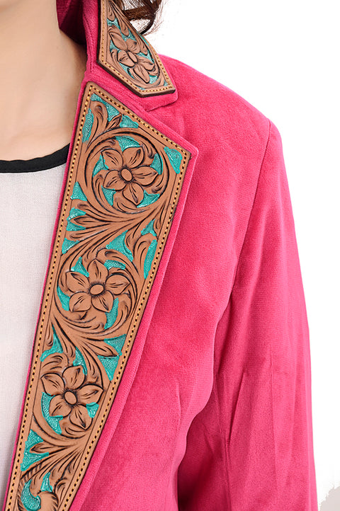 American Darling Pink Fabric & Tooled Harness Leather Western Blazer Jacket