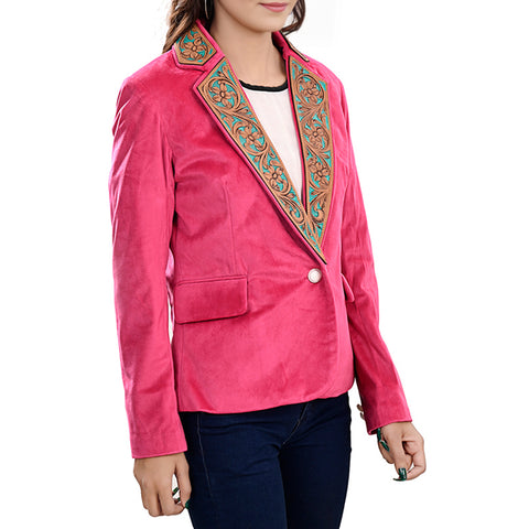 American Darling Pink Fabric & Tooled Harness Leather Western Blazer Jacket