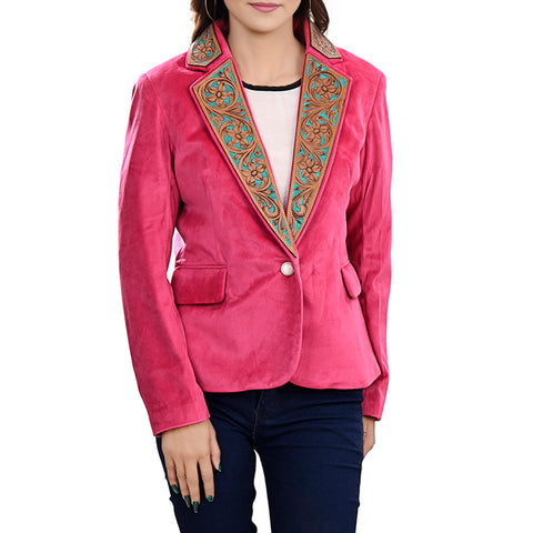 American Darling Pink Fabric & Tooled Harness Leather Western Blazer Jacket