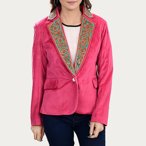 American Darling Pink Fabric & Tooled Harness Leather Western Blazer Jacket