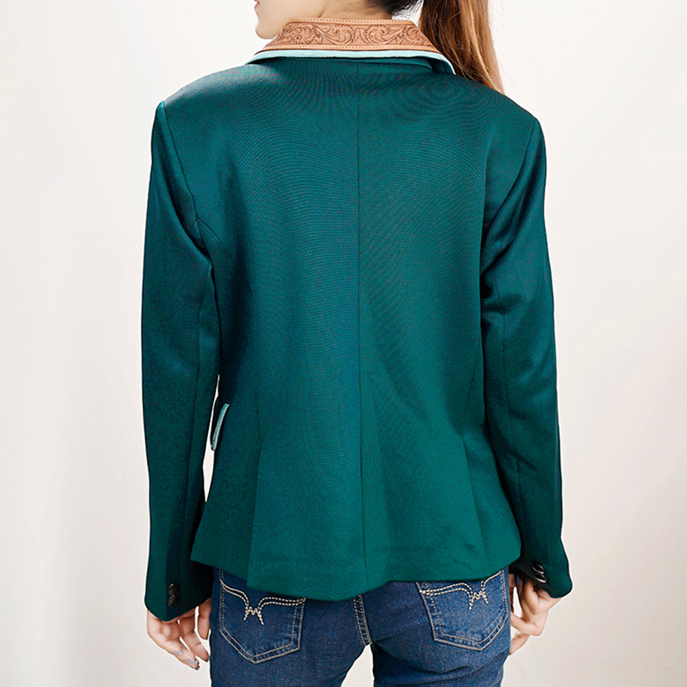 LC-ADBZ704 Emerald Green Western Blazer with Tan Tooled Leather Lapel - Cowgirl Boutique Jacket