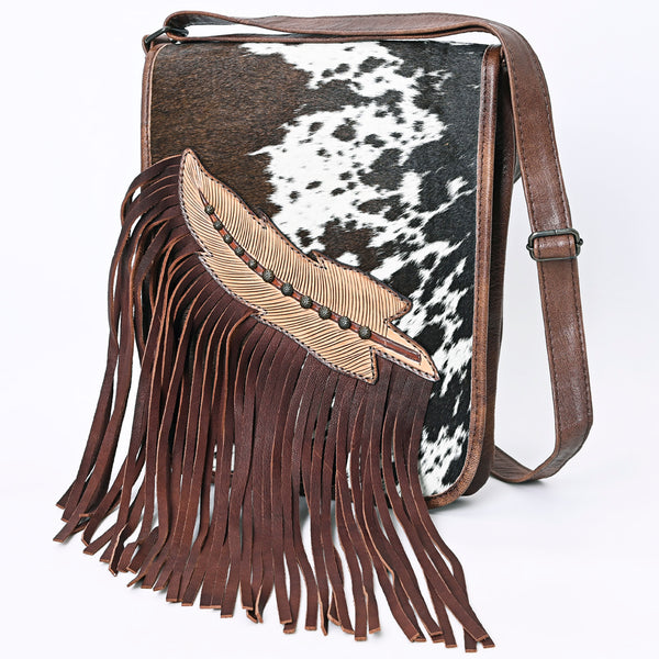 ADBG1074 Genuine Black & White or Brown Hair-On-Hide -Feather Tooled Fringe Cowhide Leather Crossbody Bag-Western Chaps Style by American Darling