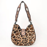 ADBG1075 Leopard Print Cowhide Hobo Bag with Tooled Feather Strap-Western Leather Shoulder Purse