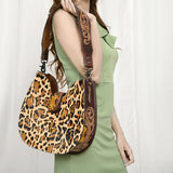 ADBG1075 Leopard Print Cowhide Hobo Bag with Tooled Feather Strap-Western Leather Shoulder Purse
