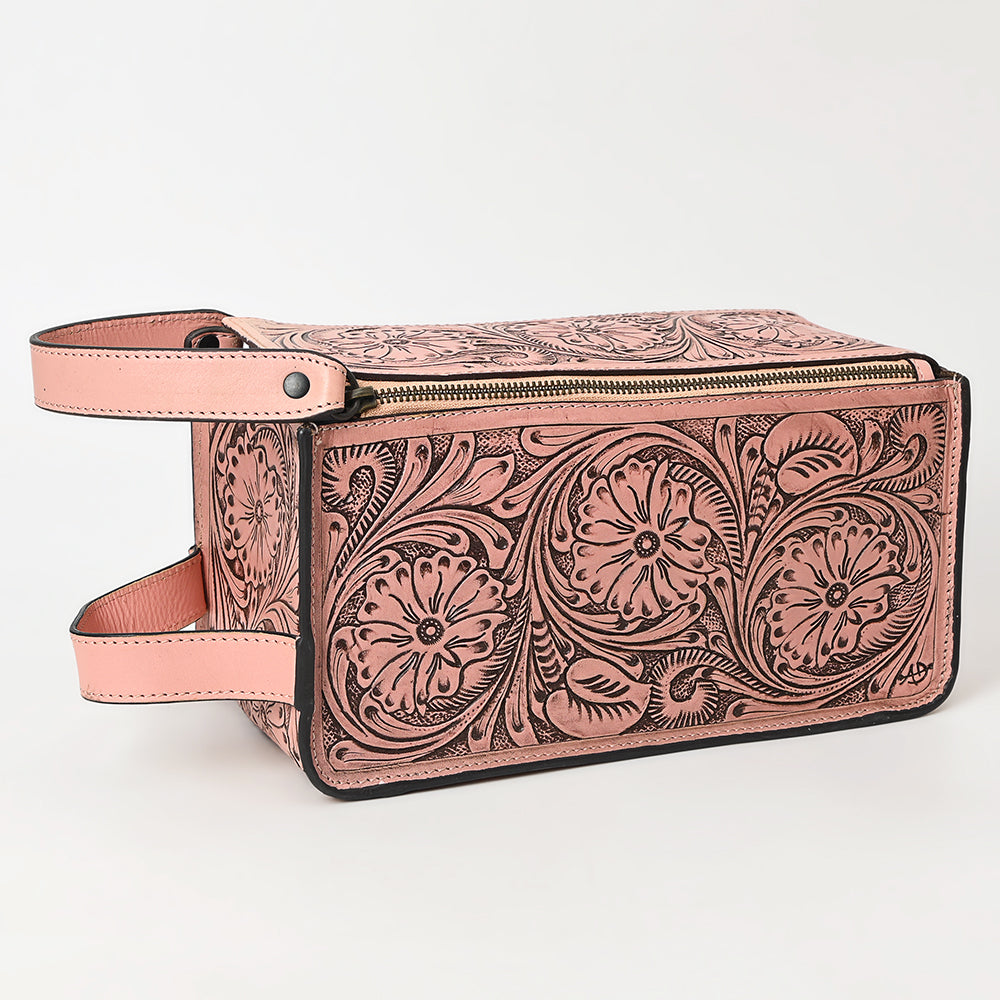ADBGZ733 Natural Hand Tooled Leather Toiletry Bag - Western Floral Toiletry or Travel Case