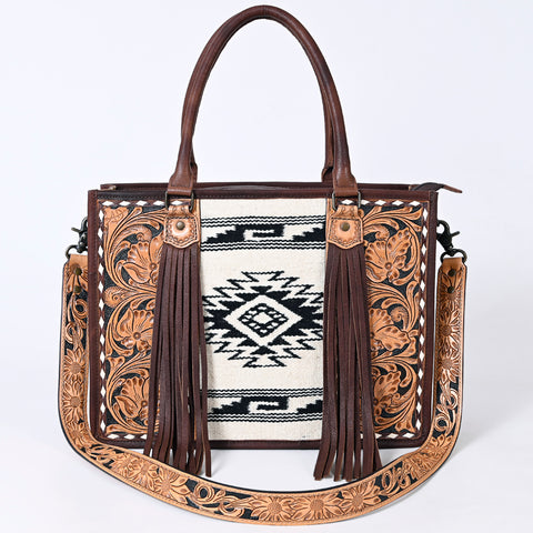 American Darling Hand Tooled Floral Western Leather Woven Saddle Blanket Tote Bag