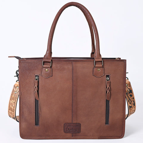 American Darling Hand Tooled Floral Western Leather Woven Saddle Blanket Tote Bag