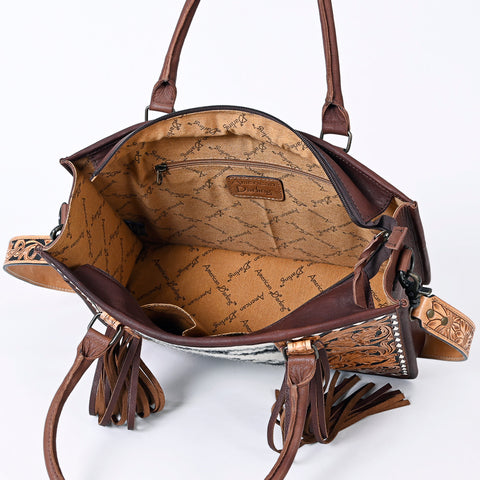 American Darling Hand Tooled Floral Western Leather Woven Saddle Blanket Tote Bag