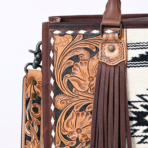 American Darling Hand Tooled Floral Western Leather Woven Saddle Blanket Tote Bag