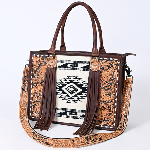 American Darling Hand Tooled Floral Western Leather Woven Saddle Blanket Tote Bag