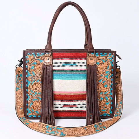 American Darling Hand Tooled Floral Western Leather Woven Saddle Blanket Tote Bag
