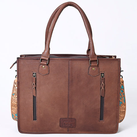American Darling Hand Tooled Floral Western Leather Woven Saddle Blanket Tote Bag
