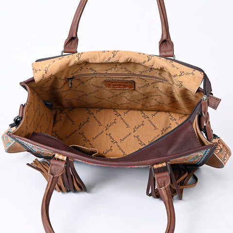 American Darling Hand Tooled Floral Western Leather Woven Saddle Blanket Tote Bag